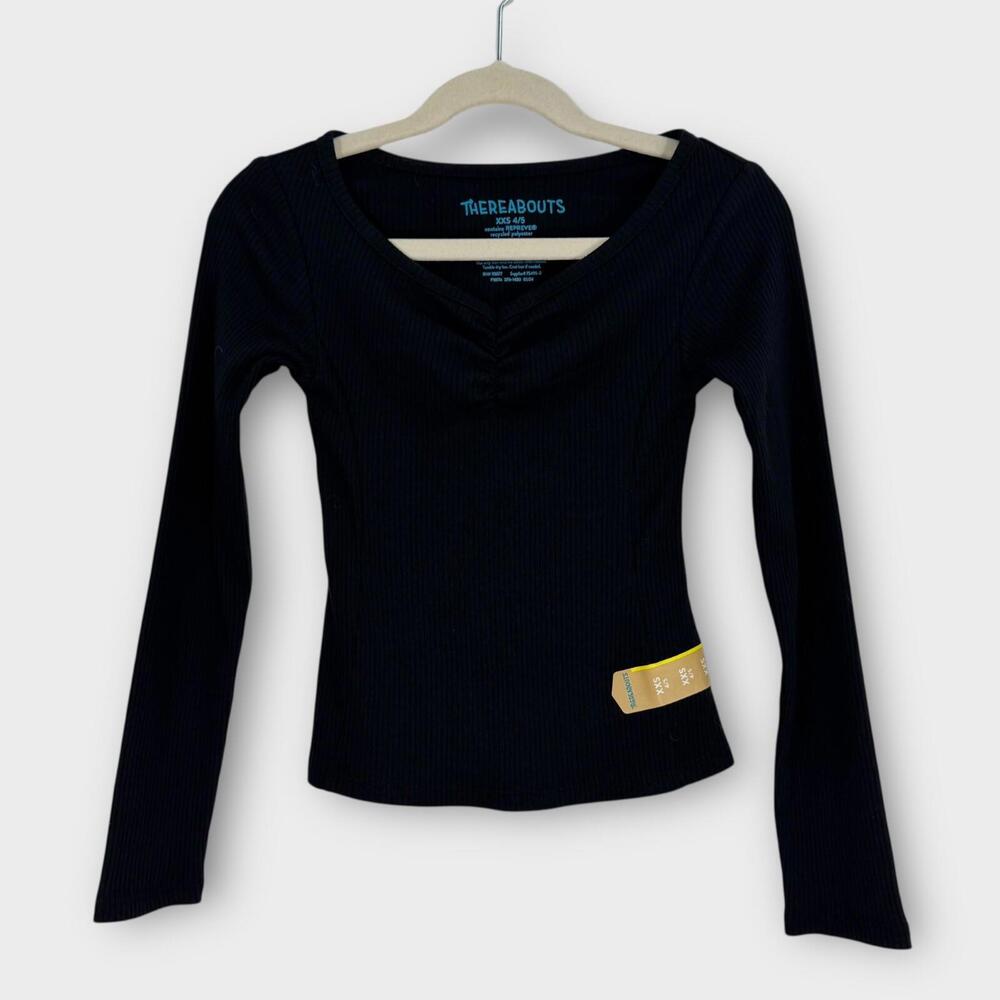Thereabouts Girl’s Size XXS 4/5 Solid Black Ribbed V Neck Long Sleeve T Shirt